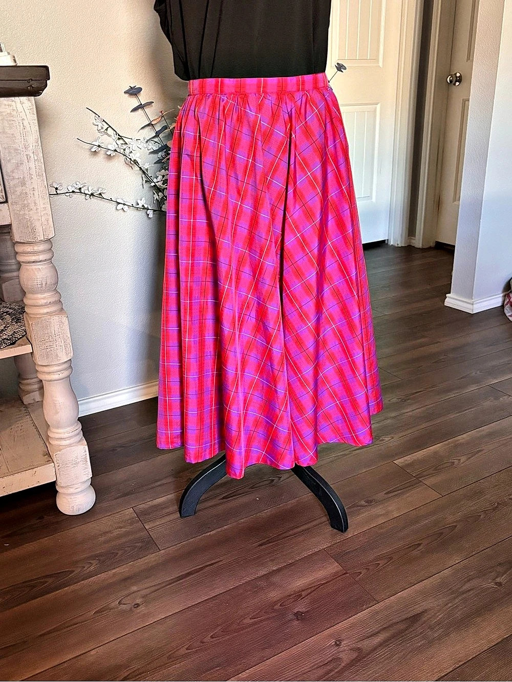 Vintage Jane Schaffhausen belle france Plaid Maxi Skirt in Tomato Red/Purple 12 - Picture 3 of 9